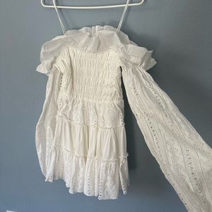 White Longsleeve Over-the-shoulder Ruffle Dress